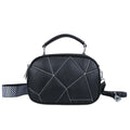 Round grey retro patchwork small bag with visible stitching, 20x15 cm size.