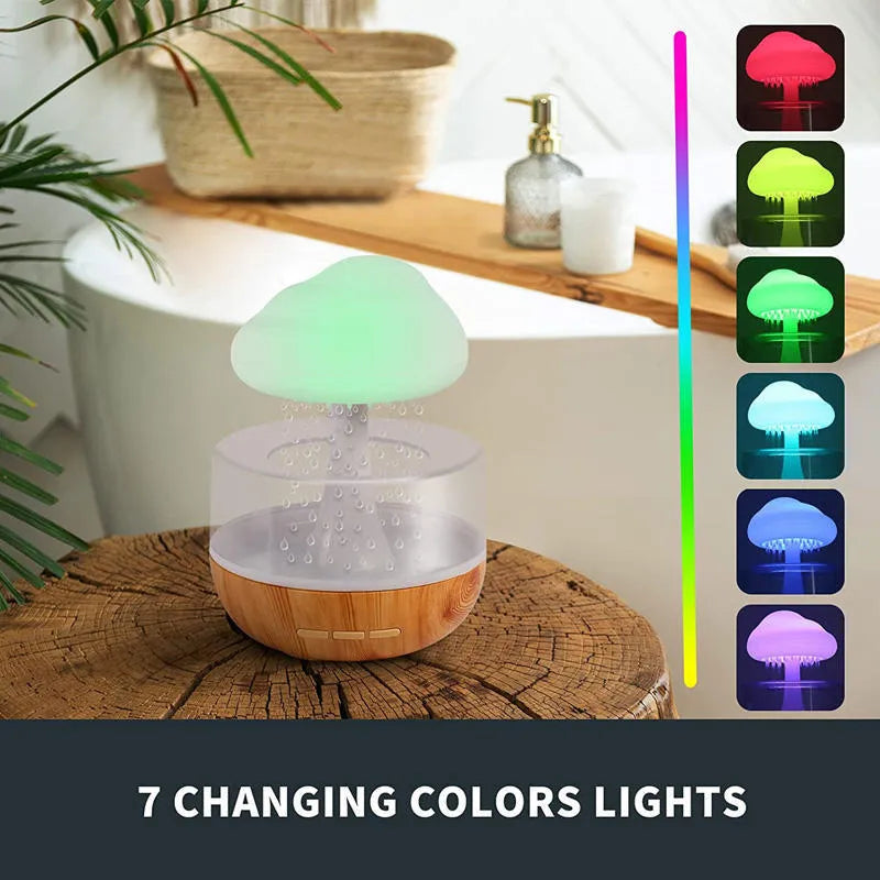 White raining cloud design desktop humidifier and night light with wood grain base