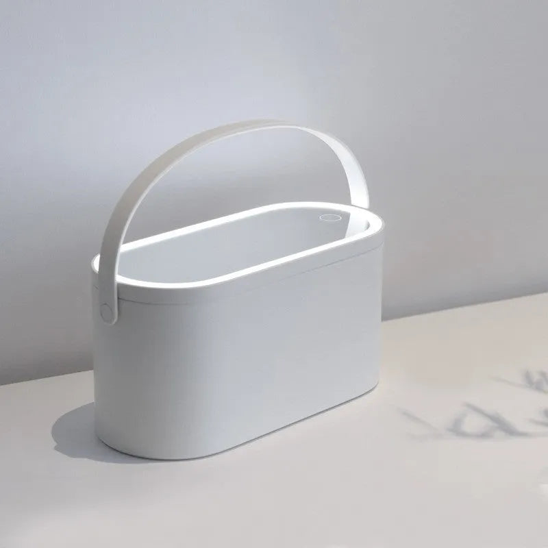 Portable pink and white makeup mirror with storage box and aluminium mirror lens