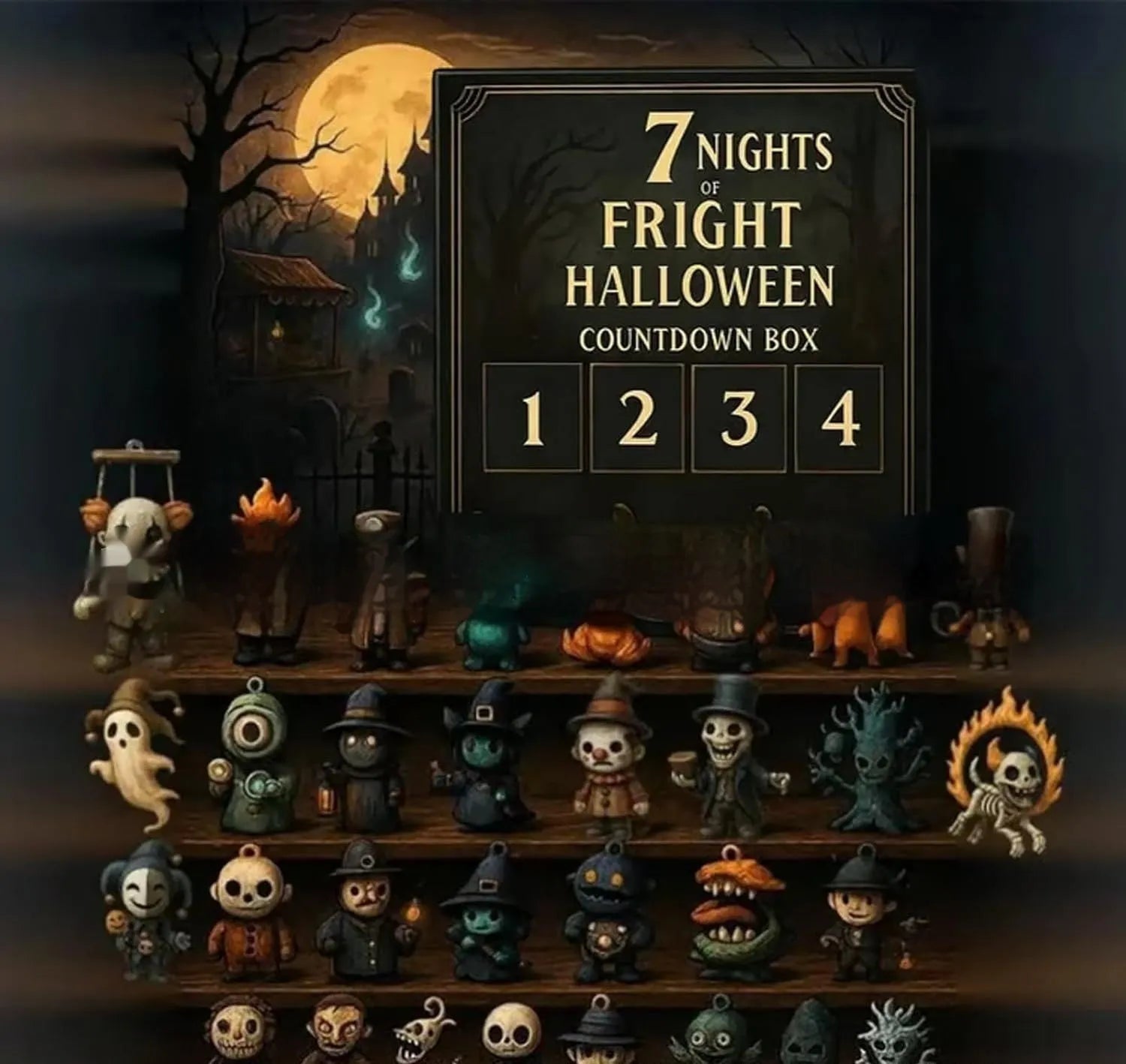 Halloween horror doll advent countdown box in resin and plastic, a blind box for Christmas decoration.