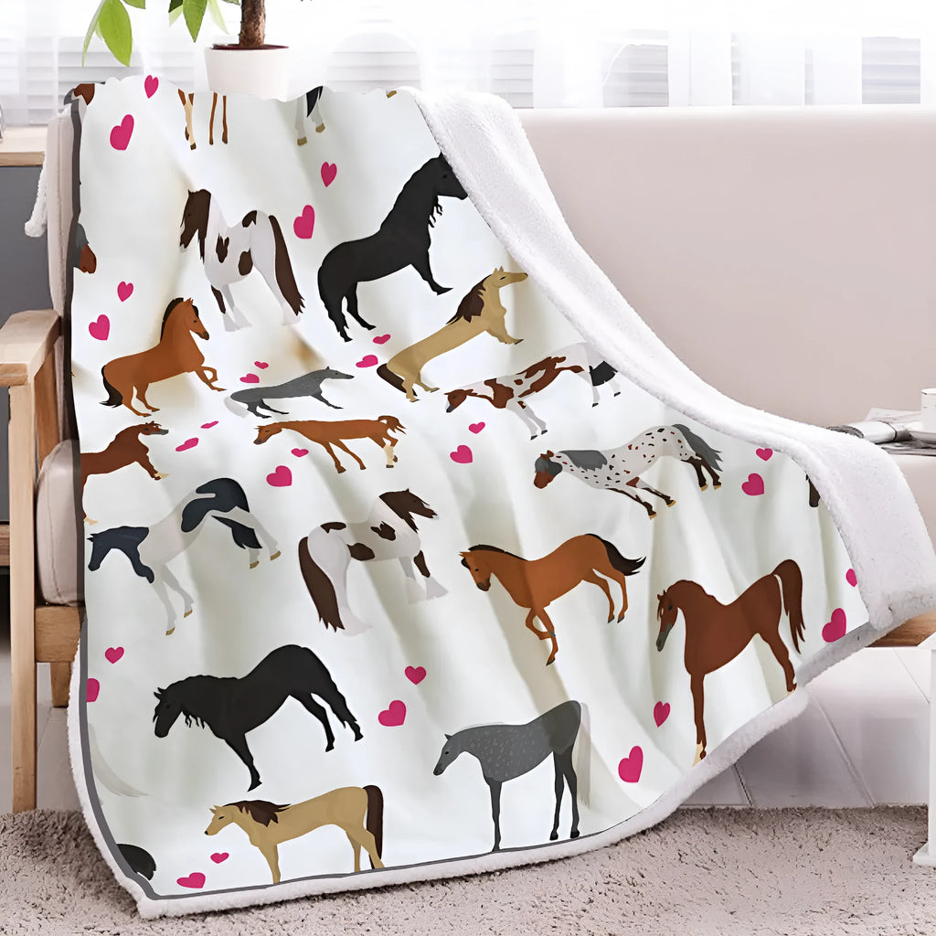 White pet themed lamb wool blanket with red heart and horse design, available in 130x150cm and 150x200cm.
