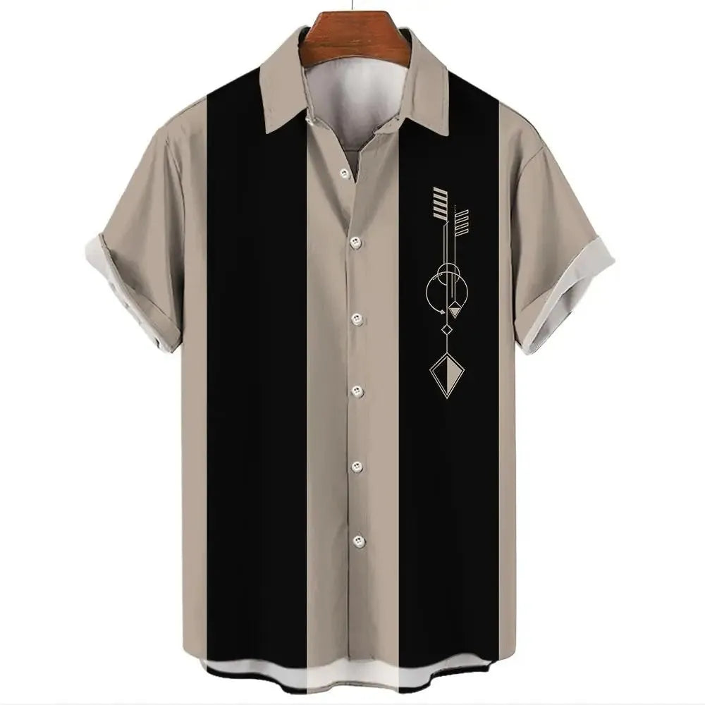 Men's striped Hawaiian casual shirt with short sleeves and button front design