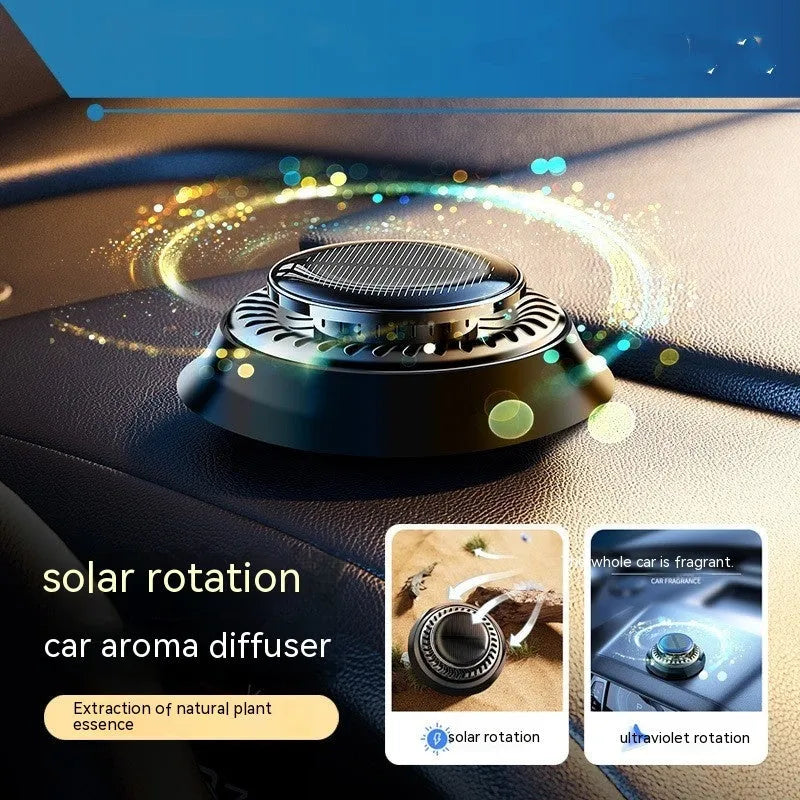 Black plastic solar car aromatherapy de-icing device measuring 84mm on vehicle dashboard
