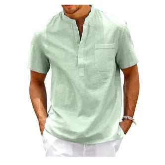 Men's solid colour loose-fit polo shirt with stand collar and short sleeves.