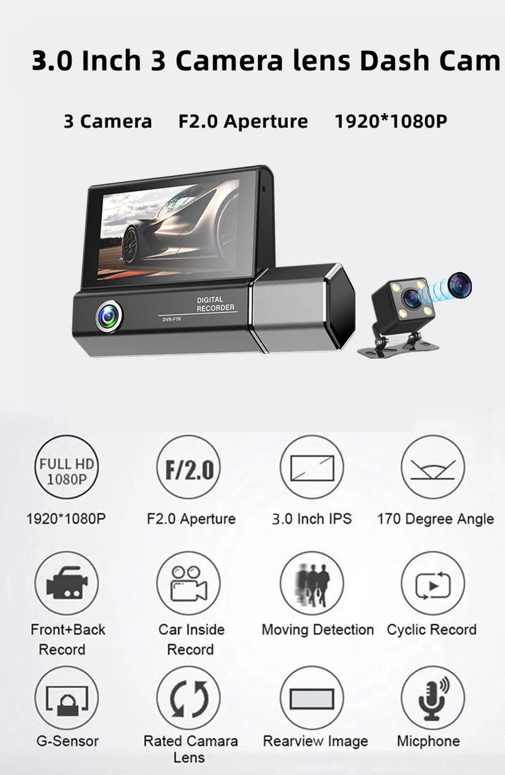 Black three-lens car camera tachograph with 1080P HD recording and 170° wide angle