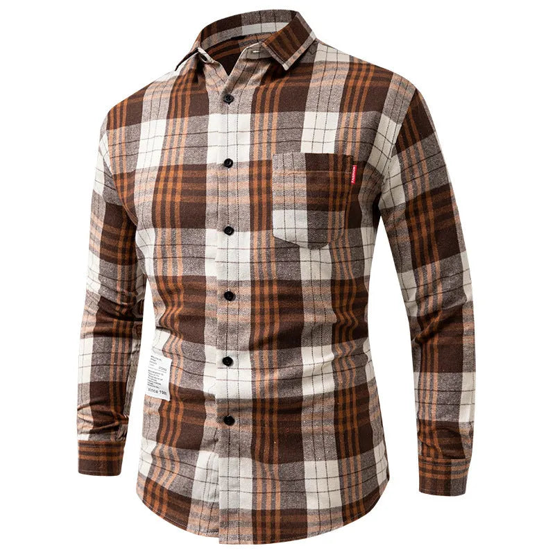 Men's loose-fit long-sleeved polyester plaid shirt in brown grid, Korean-style spring cardigan