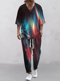 Lightweight polyester trousers suit with V-neck cropped sleeve jacket and matching trousers in multiple colours.