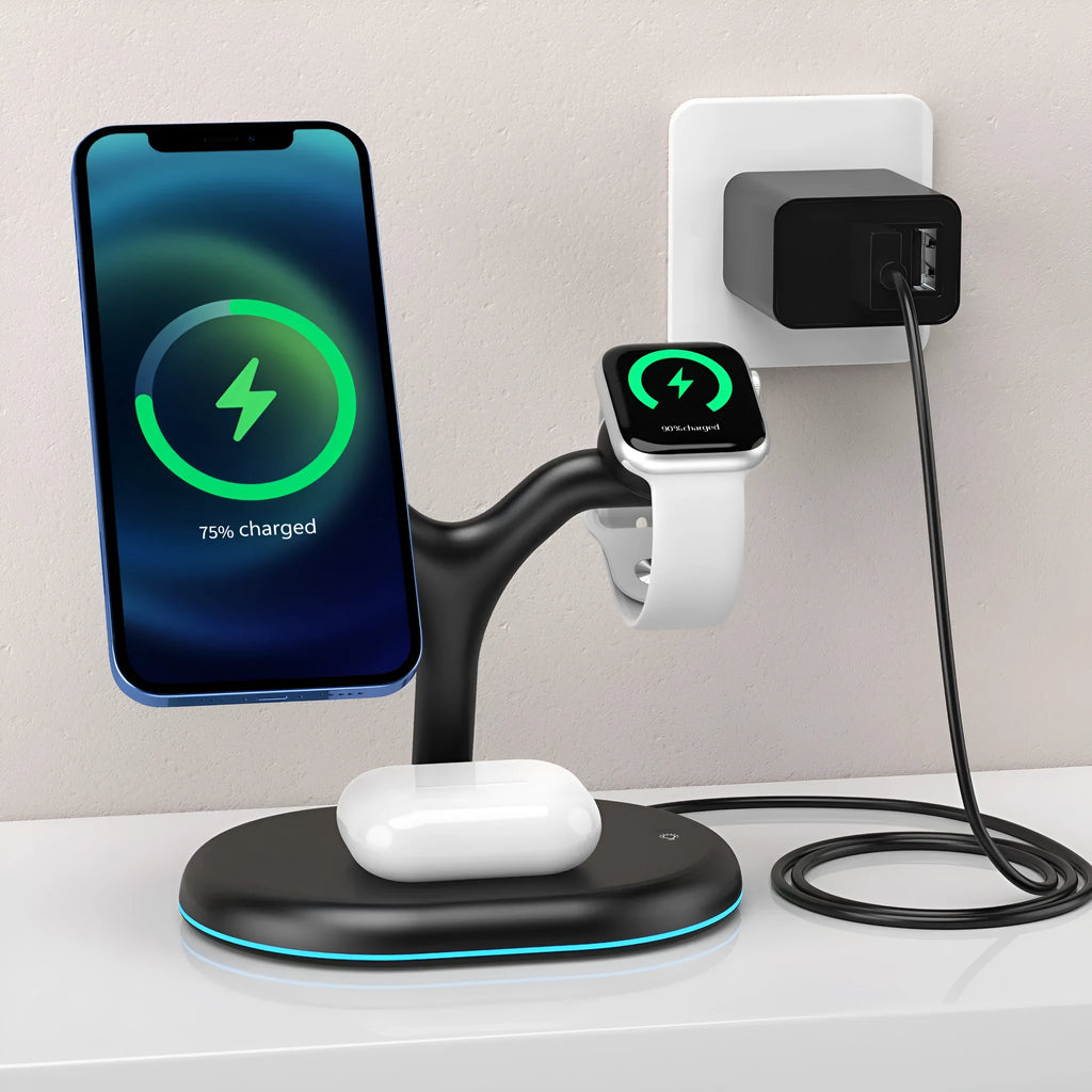 Black magnetic wireless charger with three-in-one functionality and ABS plastic construction
