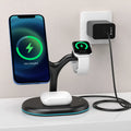 Black magnetic wireless charger with three-in-one functionality and ABS plastic construction