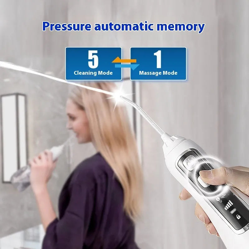 V580 portable electric dental irrigator with 320ml water tank in white, black, blue, and purple options