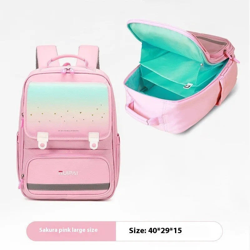 Primary school polyester backpack with burden reduction and spine protection, available in pink, red, purple and navy blue