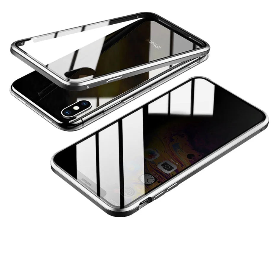 Anti-spy clamshell iPhone case in aluminium and glass, shown in black, silver, red, gold, green, and blue colour options.