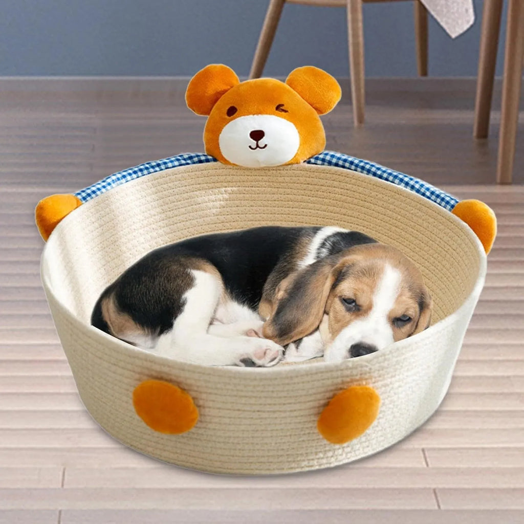 Woven cotton rope cat bed basket with integrated scratching pad in rabbit design