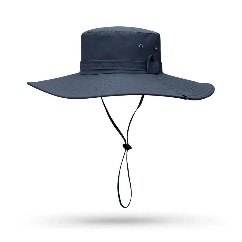 Men's flat top fisherman sun hat in cotton linen fabric, shown in various colour options.