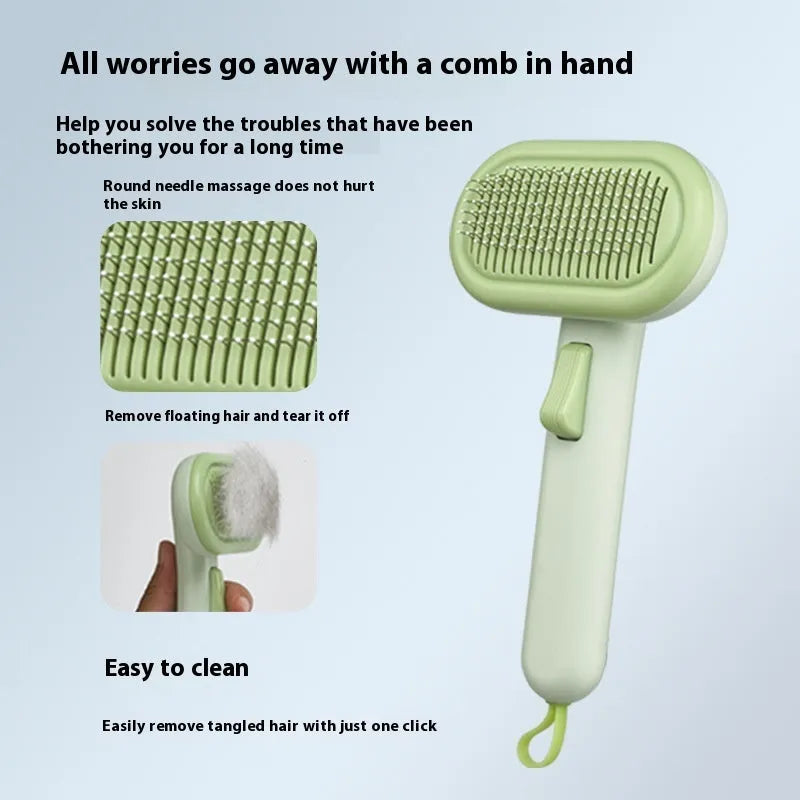 Large light grey pet hair removal comb with stainless steel blades and a one-click release button.