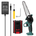 Green cordless mini electric chainsaw held in one hand, showing 4 inch guide bar and compact body.
