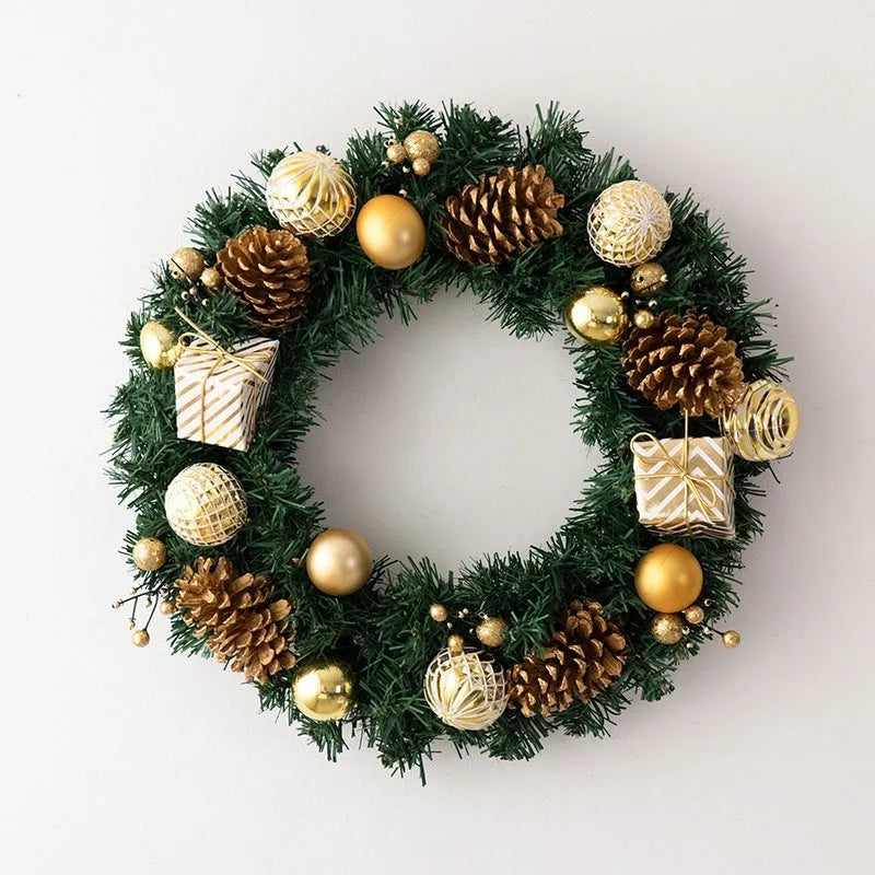 PVC Christmas door hanging wreath with red gift bag design and vine rattan details, 35cm diameter