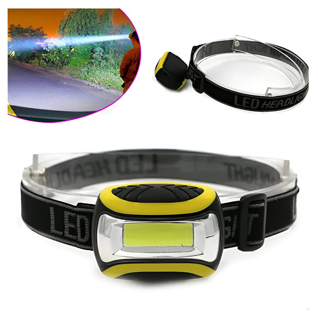 Yellow plastic headlamp with three speed settings and COB LED light for outdoor use.