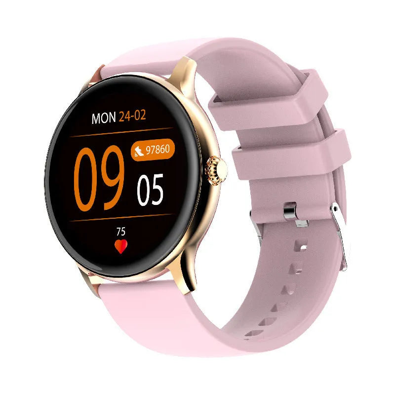 Black smartwatch with circular screen displaying heart rate and blood pressure data on a silicone wristband.