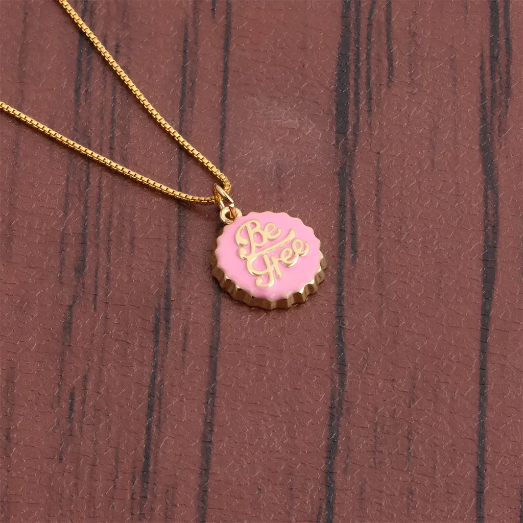 Copper bottle cap pendant necklace with electroplated gold finish on a 40cm box chain.