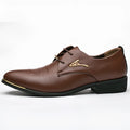 Men's black patent leather pointed toe dress shoes with elastic band closure and PU upper