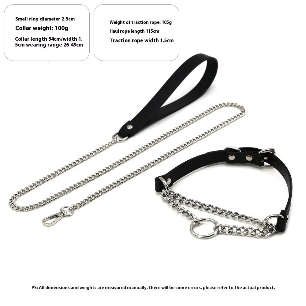 Black leather dog collar with chain tightening mechanism and matching leash on dark background