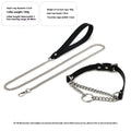 Black leather dog collar with chain tightening mechanism and matching leash on dark background