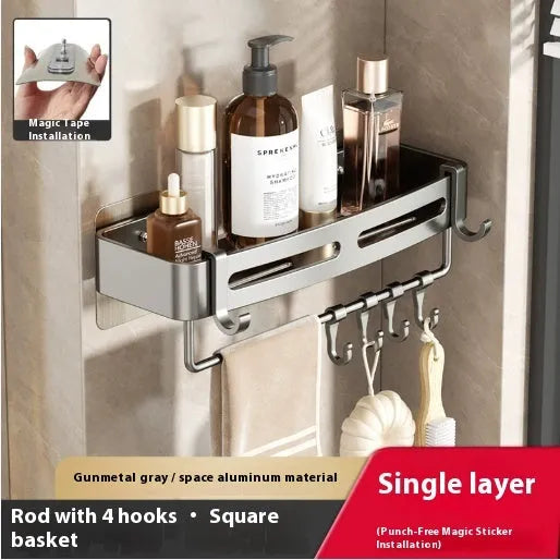 Gun grey triangular corner bathroom storage rack mounted on wall with toiletries