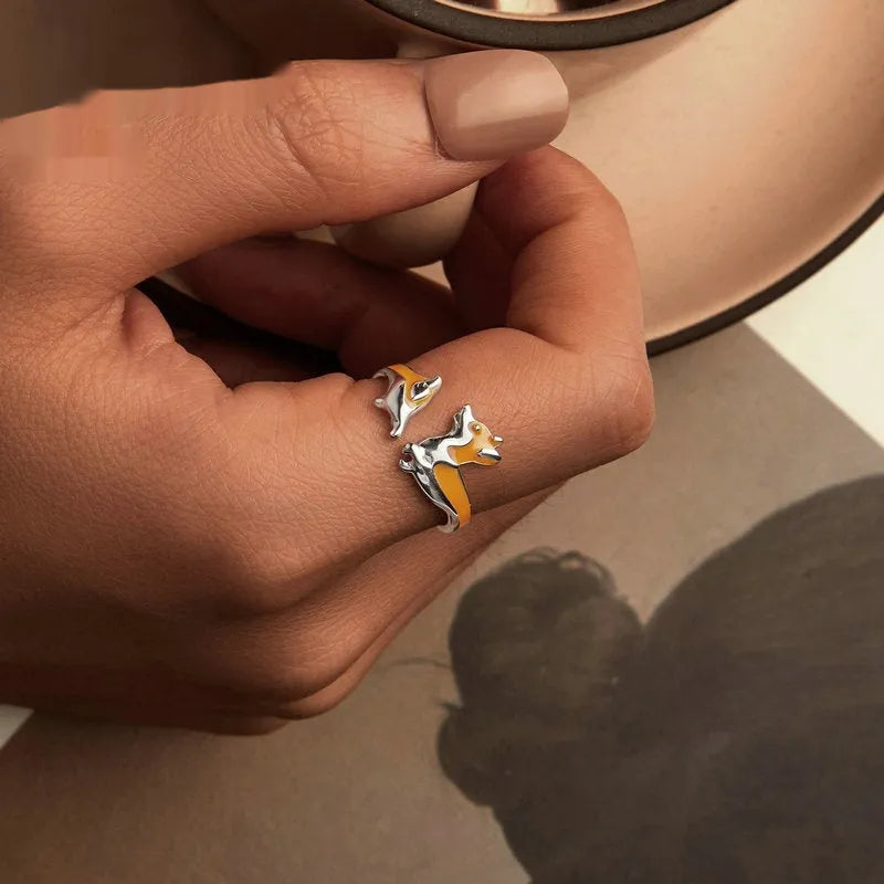 Silver cartoon corgi ring for women with electroplated finish, model SCR1014-E.