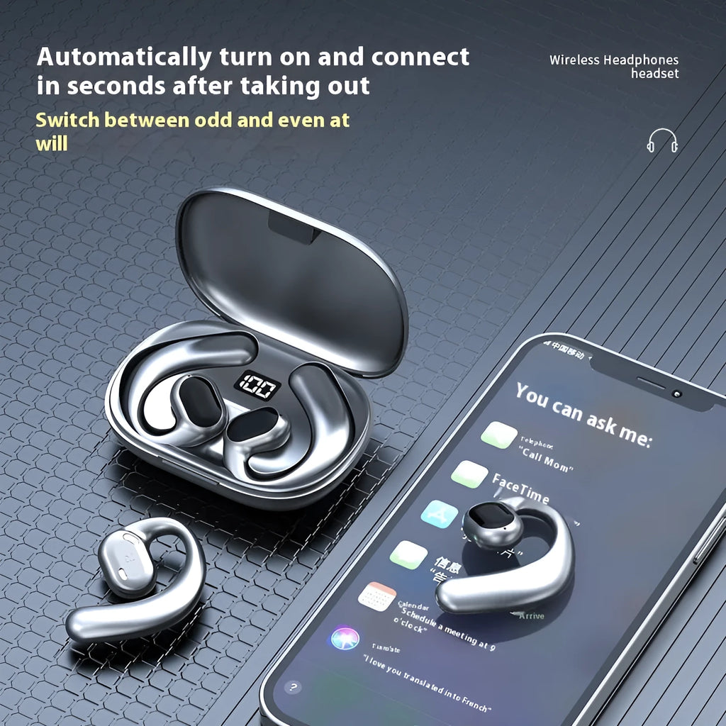 Black and white ear-mounted Bluetooth headset with digital display screen.