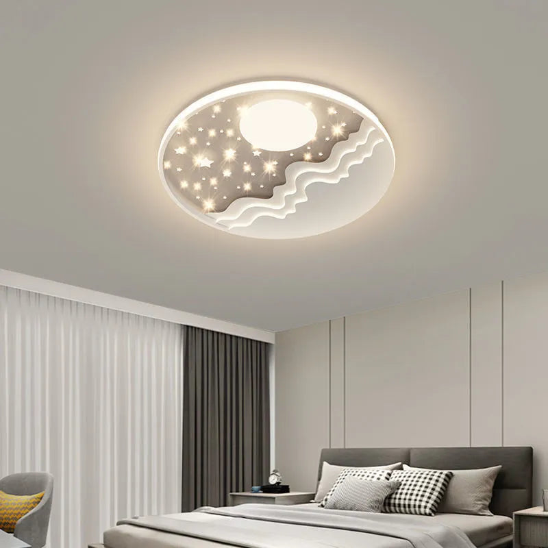 Moon-shaped romantic ceiling light for bedroom with wrought iron frame and acrylic panels