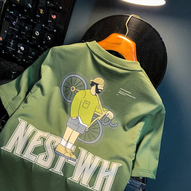 Green men's t-shirt with literary youth print in loose fit with short sleeves