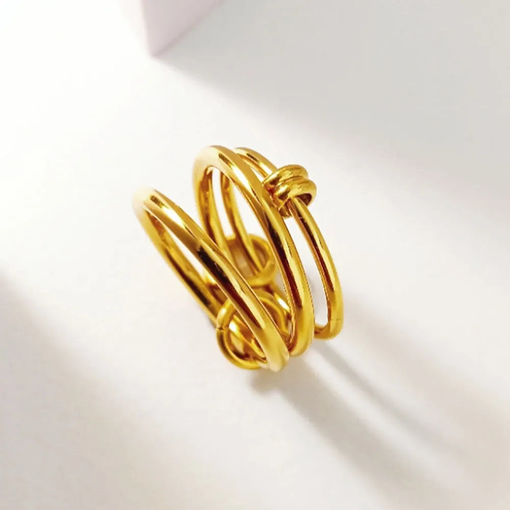 Titanium steel ring in Trinity ring gold B398 with geometric line design, womens fashion OL style