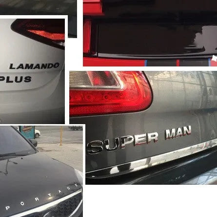 Zinc alloy metal car bumper sticker showing 2.5cm raised English letter design