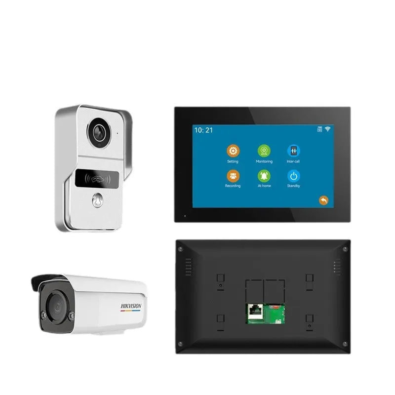 1080P video intercom doorbell system with outdoor unit, indoor display, and installation hardware including unlock cable