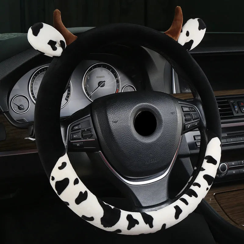 Short plush car steering wheel cover in black or coffee colour, 38cm diameter