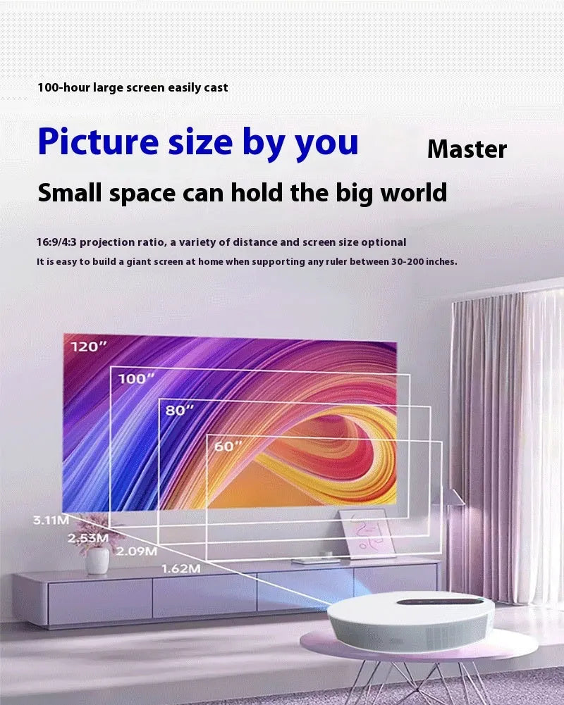 White compact 720p HD home projector with remote control on a table.