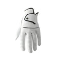 Men's white golf glove with half sheepskin palm showing non-slip texture