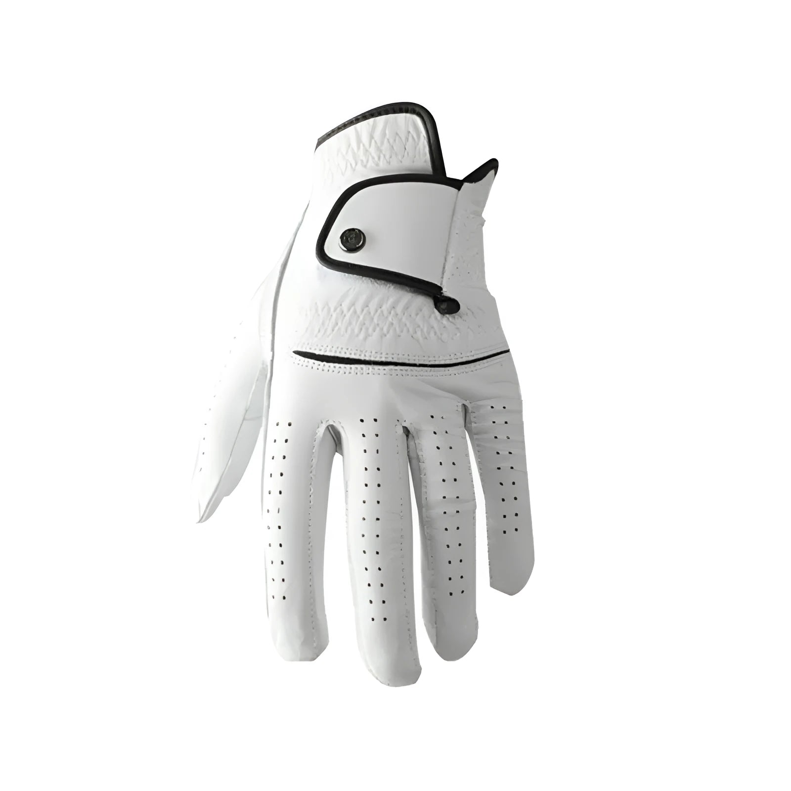 Men's white golf glove with half sheepskin palm showing non-slip texture