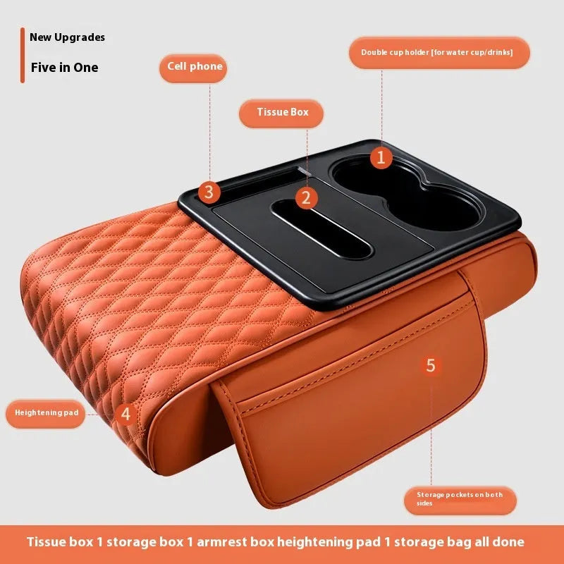 Multi-functional leather armrest box mat for car in beige colour with storage compartments, 35x19.5x7cm