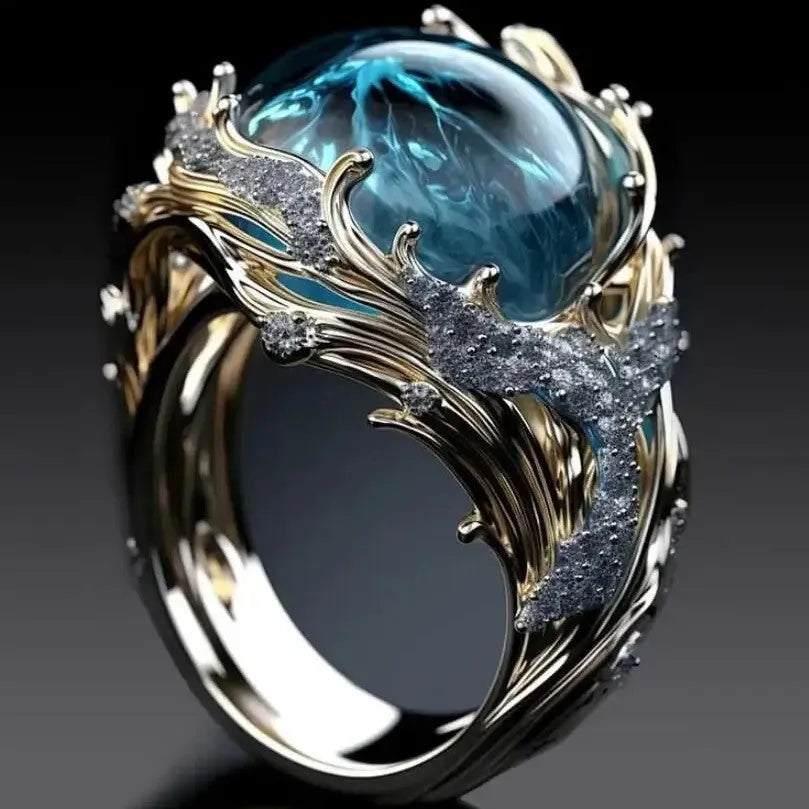 Women's geometric alloy ring with wave oil drop diamond inlay