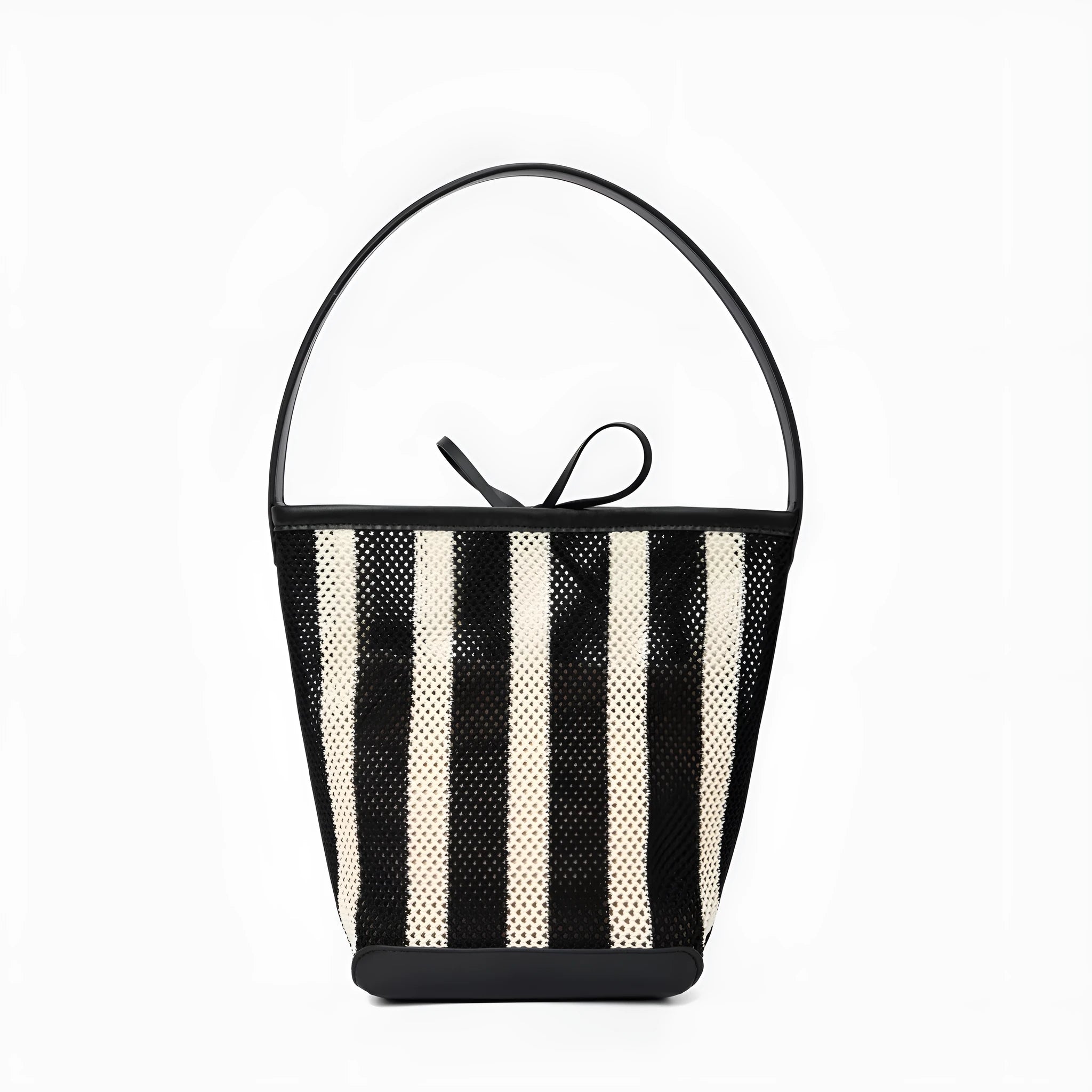 Black and white striped woven fabric women's shoulder bag with bucket shape
