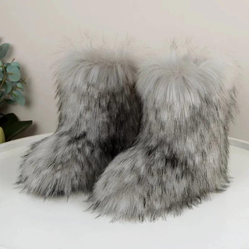 Women's faux fur mid-calf winter boots in imitation raccoon fur khaki, flat heel, round toe, plush lining