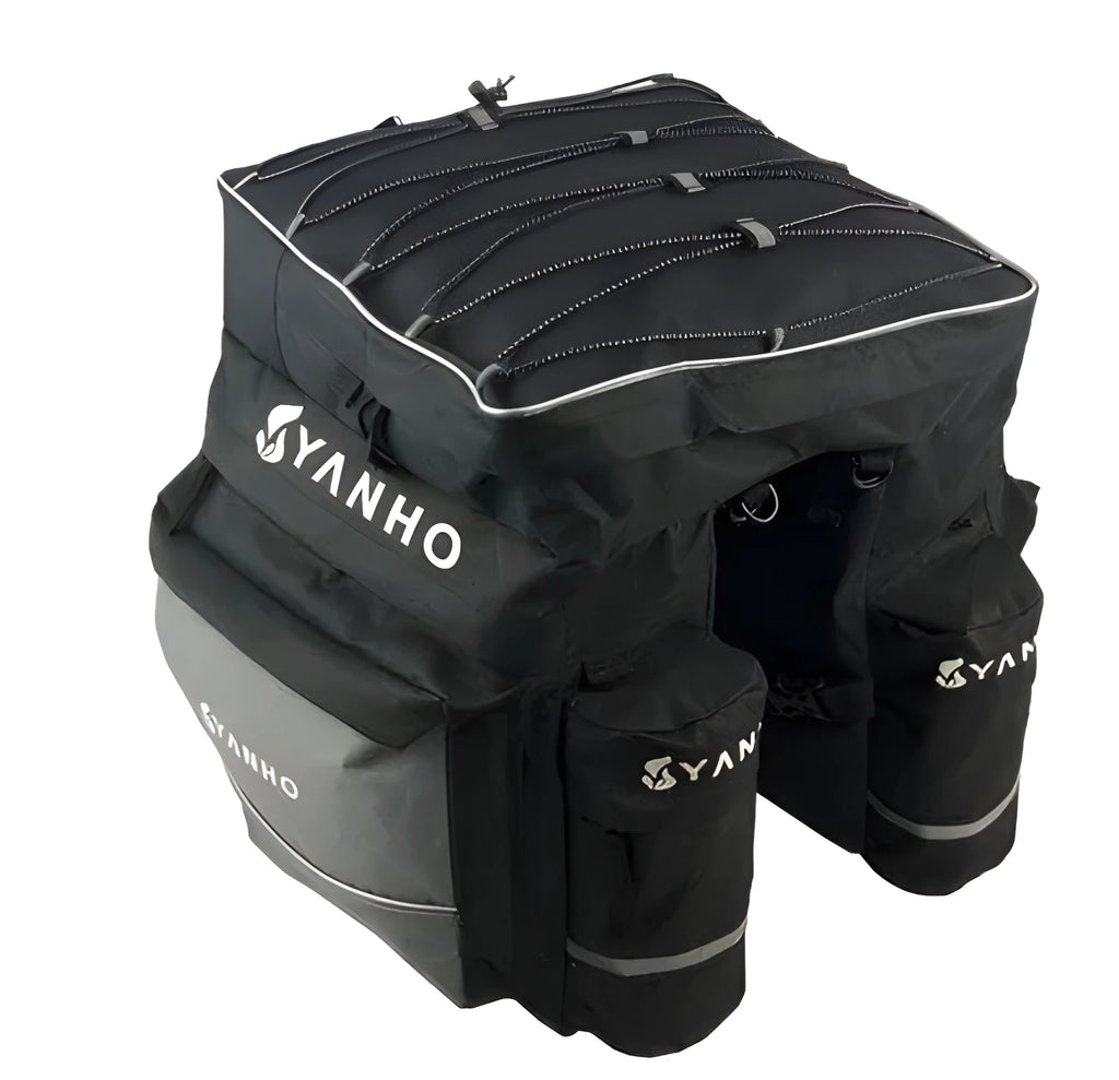 Black mountain bike pannier bag 43L 600D nylon with rain cover and reflective strips attached to bicycle shelf