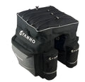 Black mountain bike pannier bag 43L 600D nylon with rain cover and reflective strips attached to bicycle shelf