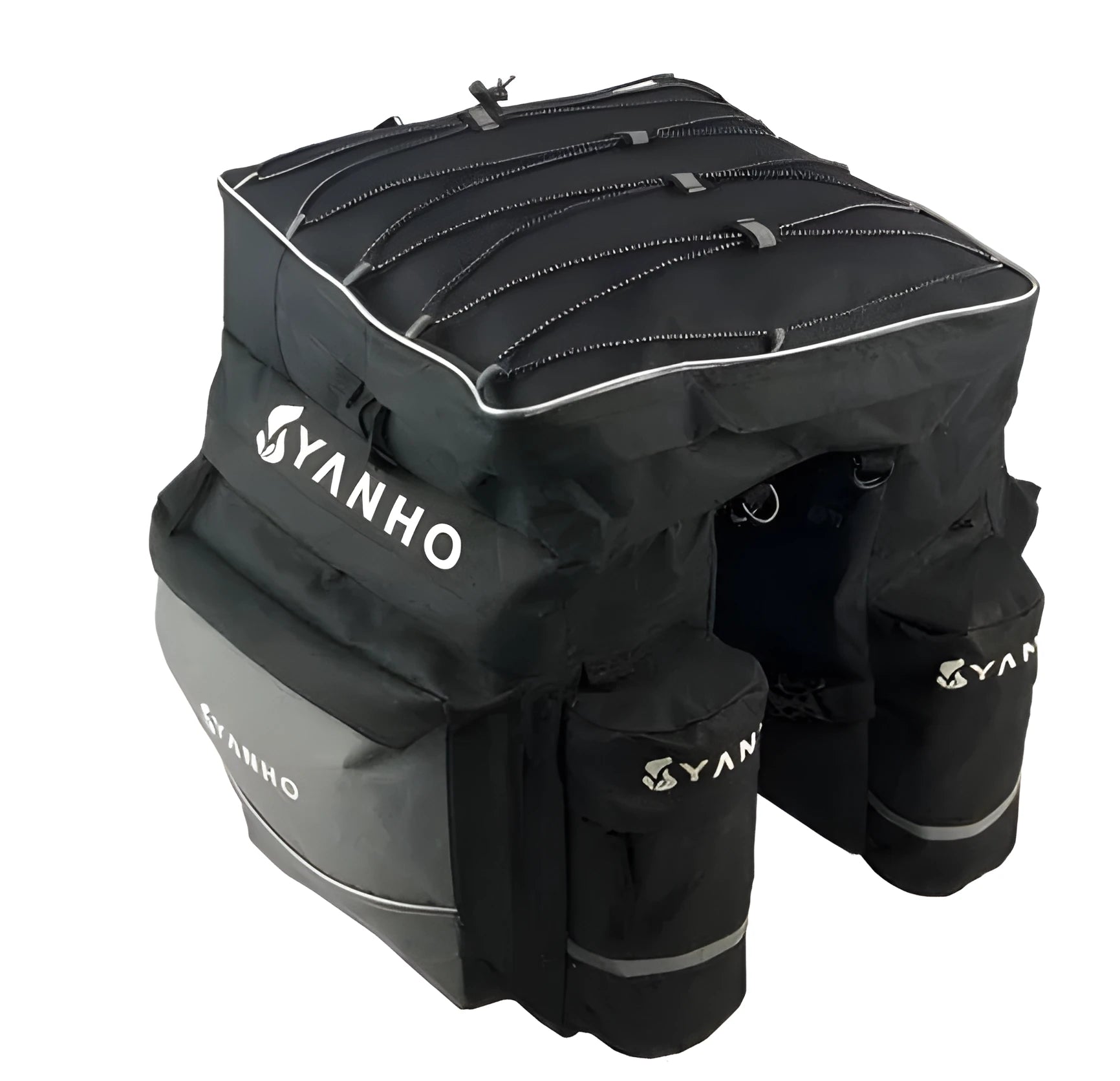 Black mountain bike pannier bag 43L 600D nylon with rain cover and reflective strips attached to bicycle shelf