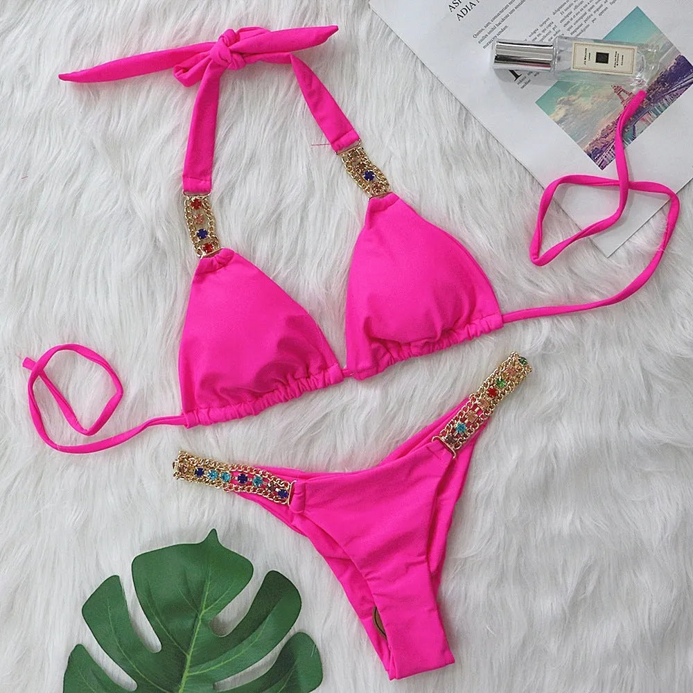 Rhinestone metal accessories pure colour bikini set for women in purple with nylon lining