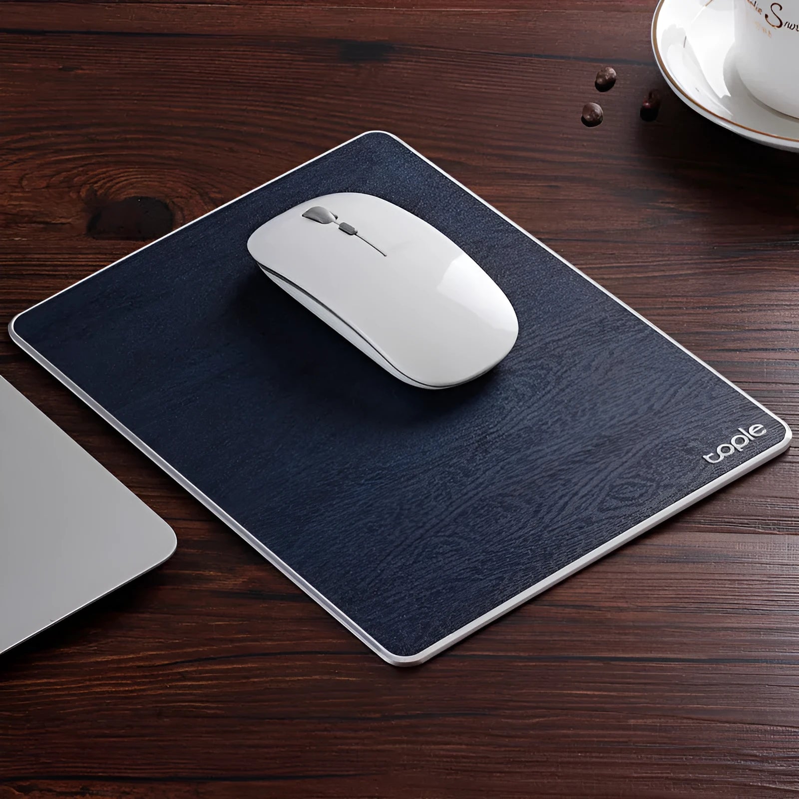 Oversized metal aluminium alloy mouse pad with PU leather surface and silica gel non-slip base, 249x200x3.2mm