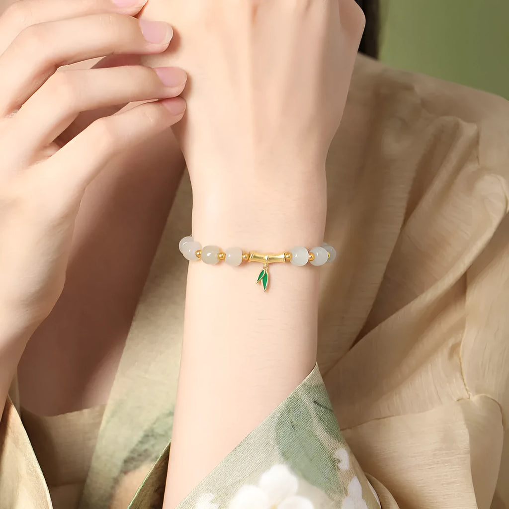 S925 sterling silver bracelet with natural Hetian jade beads and bamboo leaf design elements
