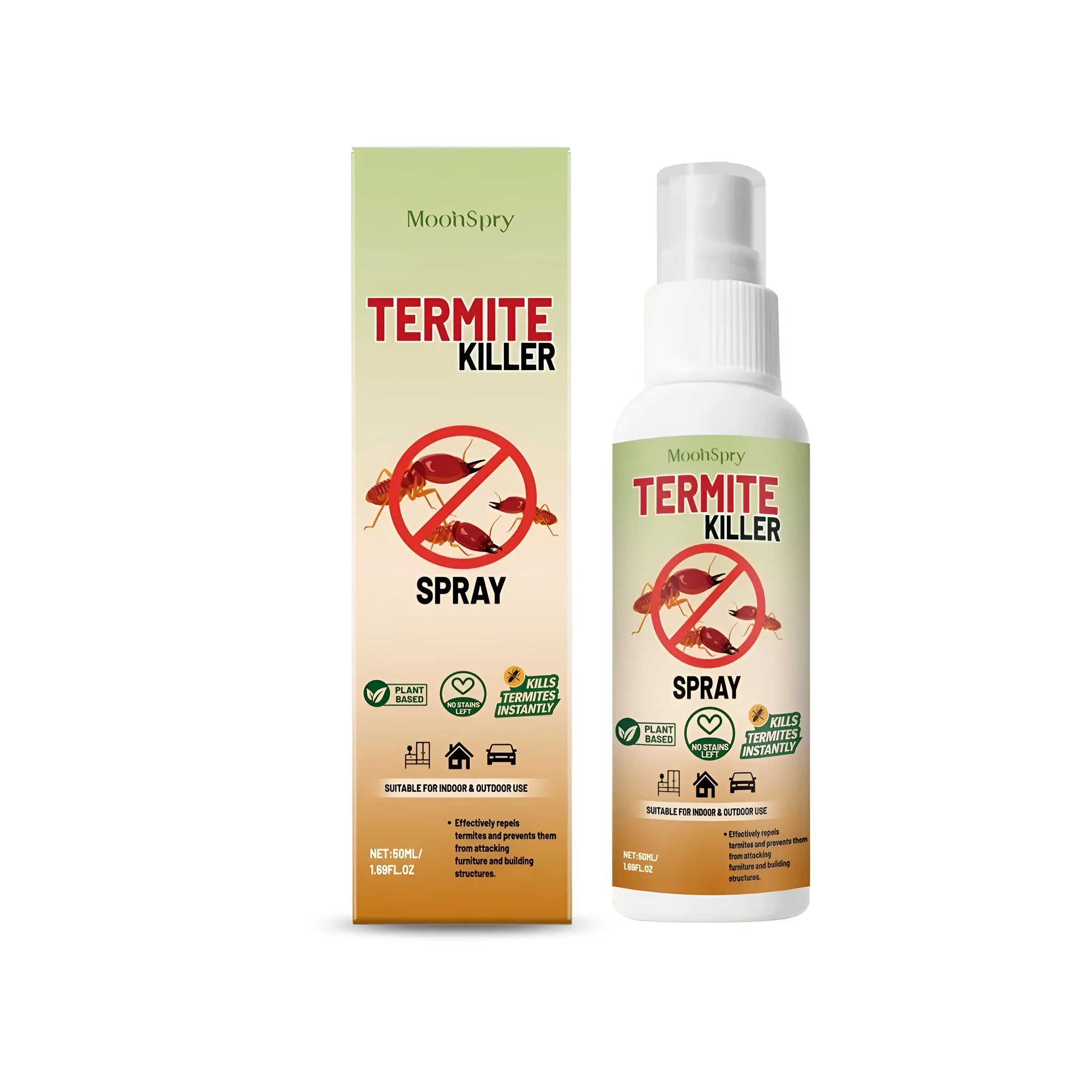 50ml bottle of termite and ant killer spray with spray trigger, labelled for household pest control.